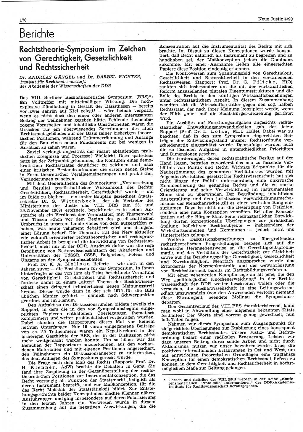 Neue Justiz (NJ), Zeitschrift für Rechtsetzung und Rechtsanwendung [Deutsche Demokratische Republik (DDR)], 44. Jahrgang 1990, Seite 170 (NJ DDR 1990, S. 170)