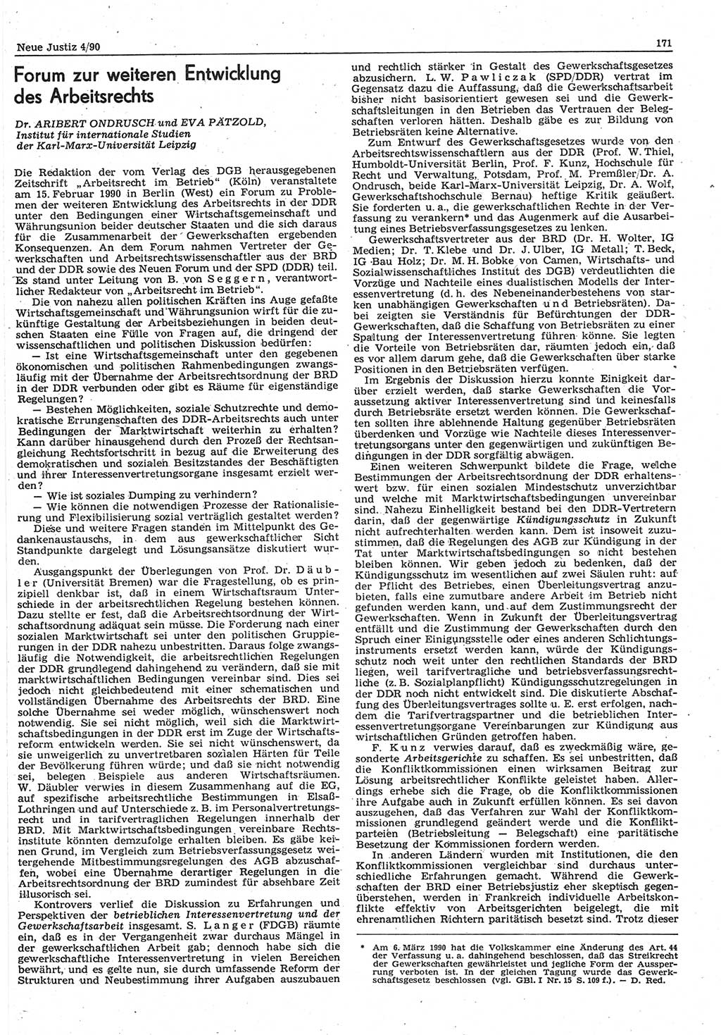 Neue Justiz (NJ), Zeitschrift für Rechtsetzung und Rechtsanwendung [Deutsche Demokratische Republik (DDR)], 44. Jahrgang 1990, Seite 171 (NJ DDR 1990, S. 171)