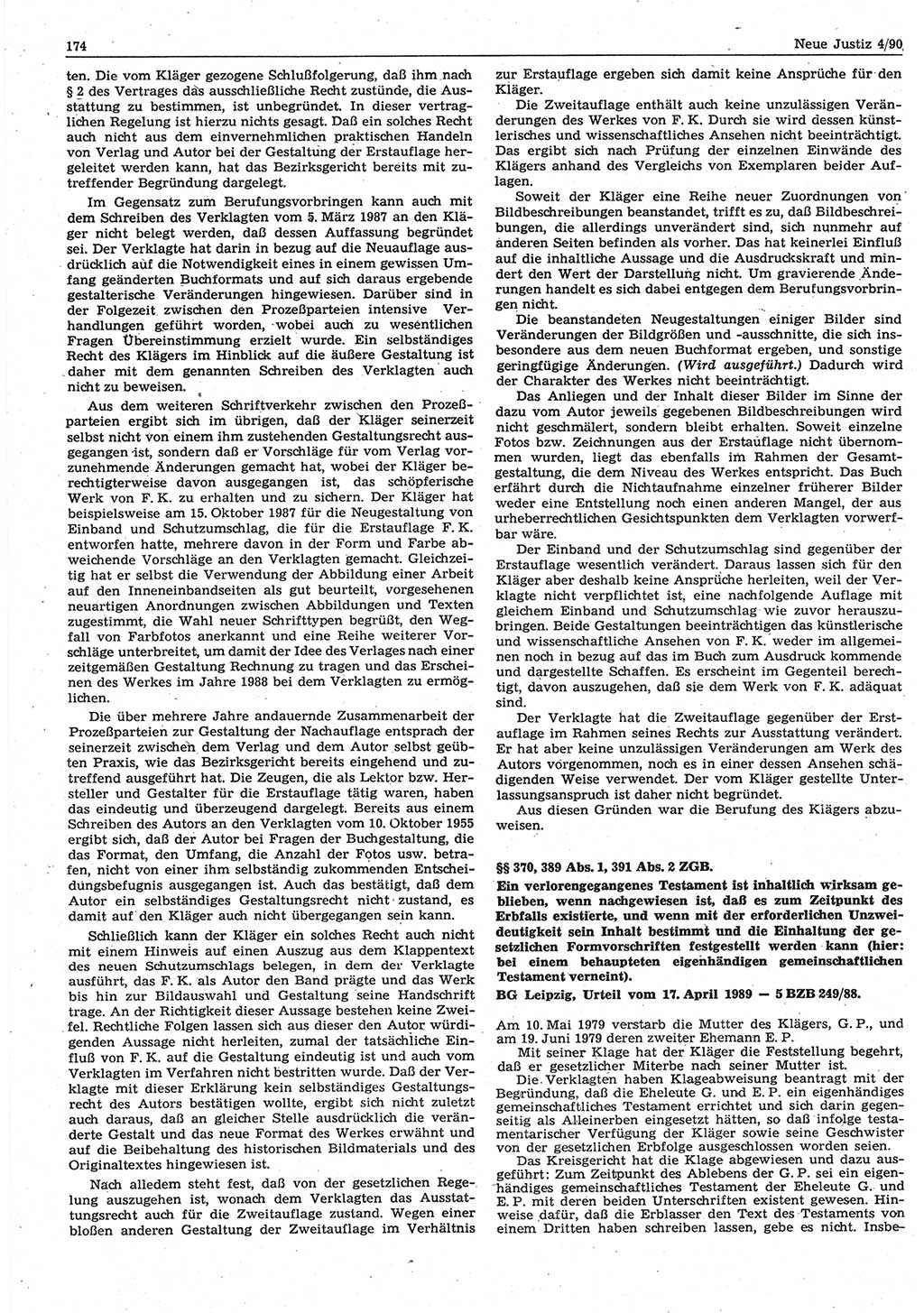 Neue Justiz (NJ), Zeitschrift für Rechtsetzung und Rechtsanwendung [Deutsche Demokratische Republik (DDR)], 44. Jahrgang 1990, Seite 174 (NJ DDR 1990, S. 174)