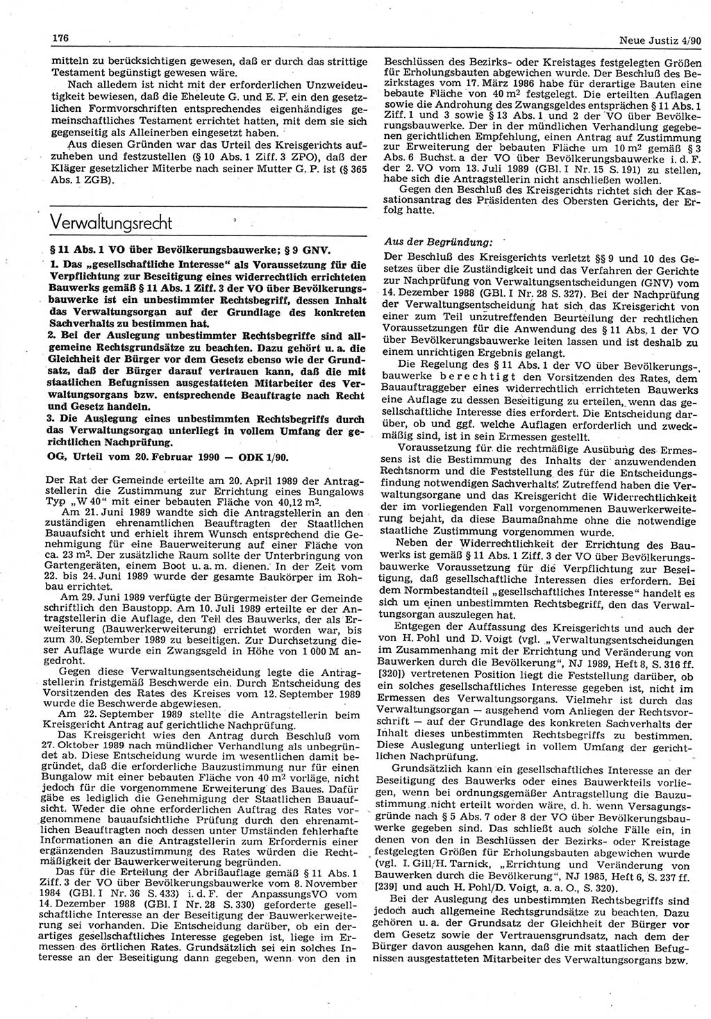 Neue Justiz (NJ), Zeitschrift für Rechtsetzung und Rechtsanwendung [Deutsche Demokratische Republik (DDR)], 44. Jahrgang 1990, Seite 176 (NJ DDR 1990, S. 176)