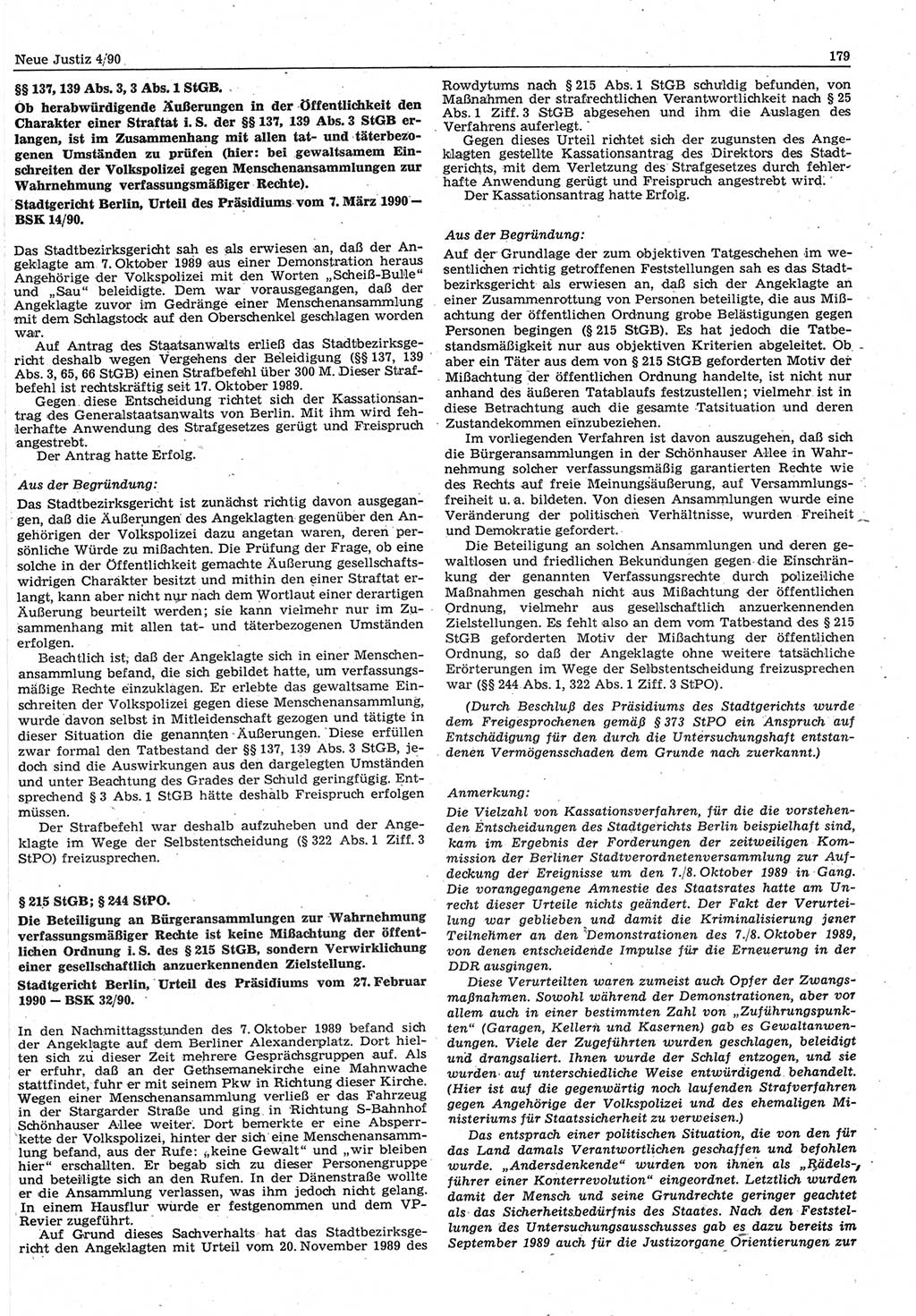 Neue Justiz (NJ), Zeitschrift für Rechtsetzung und Rechtsanwendung [Deutsche Demokratische Republik (DDR)], 44. Jahrgang 1990, Seite 179 (NJ DDR 1990, S. 179)