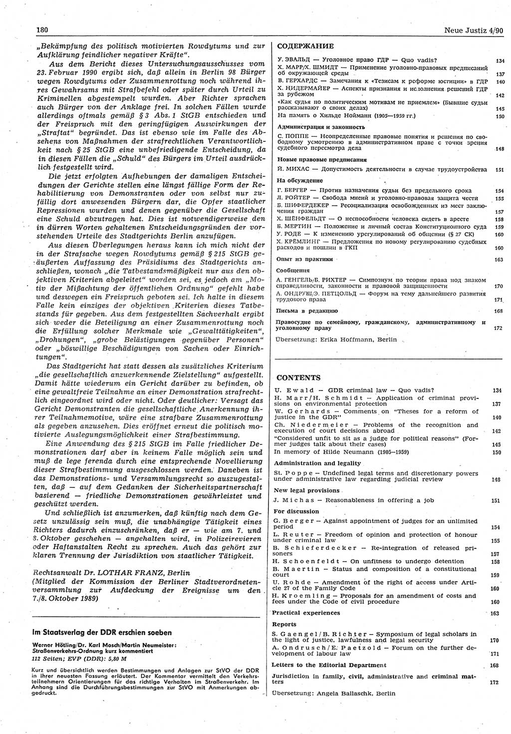 Neue Justiz (NJ), Zeitschrift für Rechtsetzung und Rechtsanwendung [Deutsche Demokratische Republik (DDR)], 44. Jahrgang 1990, Seite 180 (NJ DDR 1990, S. 180)