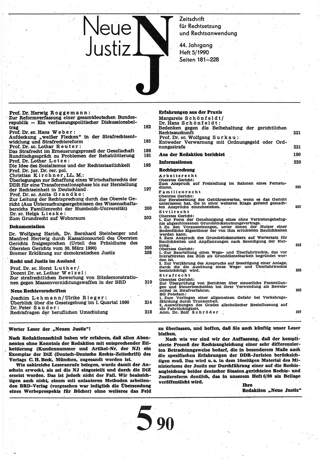 Neue Justiz (NJ), Zeitschrift für Rechtsetzung und Rechtsanwendung [Deutsche Demokratische Republik (DDR)], 44. Jahrgang 1990, Seite 181 (NJ DDR 1990, S. 181)