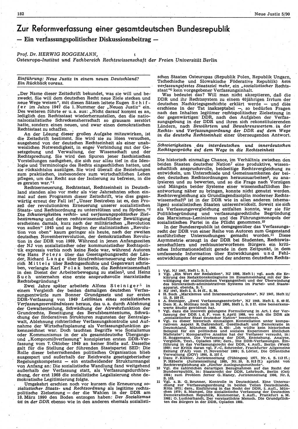 Neue Justiz (NJ), Zeitschrift für Rechtsetzung und Rechtsanwendung [Deutsche Demokratische Republik (DDR)], 44. Jahrgang 1990, Seite 182 (NJ DDR 1990, S. 182)