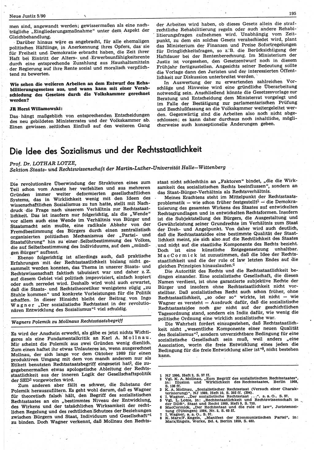 Neue Justiz (NJ), Zeitschrift für Rechtsetzung und Rechtsanwendung [Deutsche Demokratische Republik (DDR)], 44. Jahrgang 1990, Seite 195 (NJ DDR 1990, S. 195)