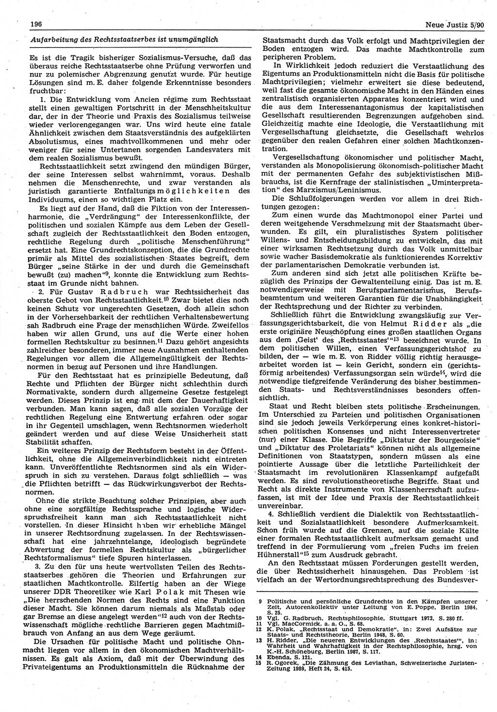 Neue Justiz (NJ), Zeitschrift für Rechtsetzung und Rechtsanwendung [Deutsche Demokratische Republik (DDR)], 44. Jahrgang 1990, Seite 196 (NJ DDR 1990, S. 196)