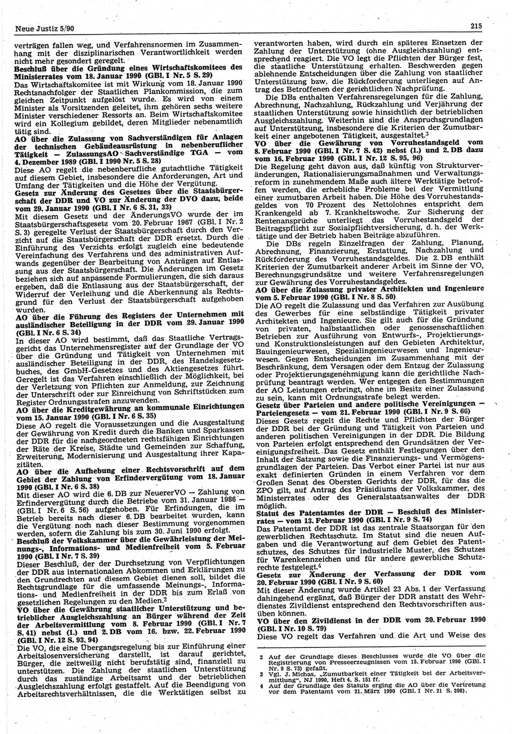 Neue Justiz (NJ), Zeitschrift für Rechtsetzung und Rechtsanwendung [Deutsche Demokratische Republik (DDR)], 44. Jahrgang 1990, Seite 215 (NJ DDR 1990, S. 215)