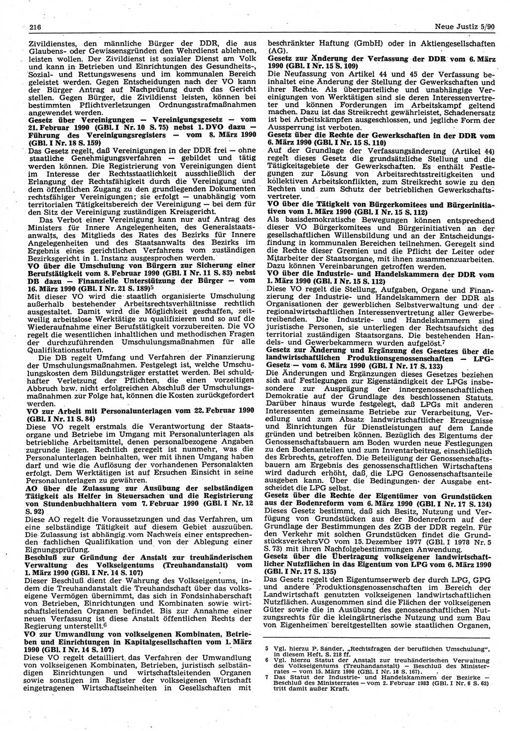 Neue Justiz (NJ), Zeitschrift für Rechtsetzung und Rechtsanwendung [Deutsche Demokratische Republik (DDR)], 44. Jahrgang 1990, Seite 216 (NJ DDR 1990, S. 216)