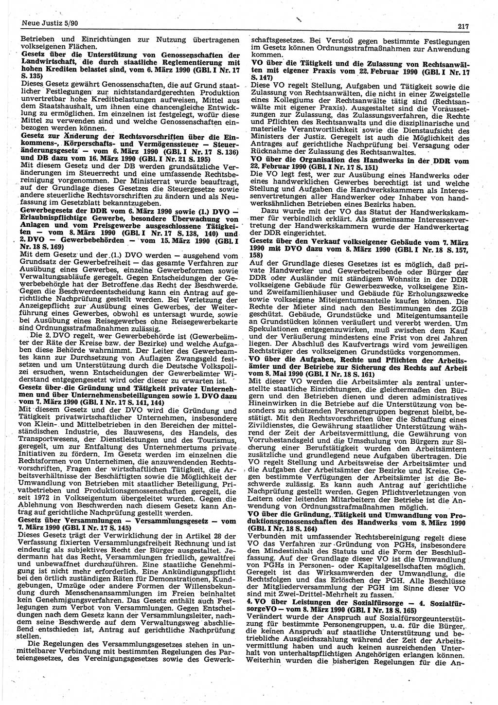 Neue Justiz (NJ), Zeitschrift für Rechtsetzung und Rechtsanwendung [Deutsche Demokratische Republik (DDR)], 44. Jahrgang 1990, Seite 217 (NJ DDR 1990, S. 217)