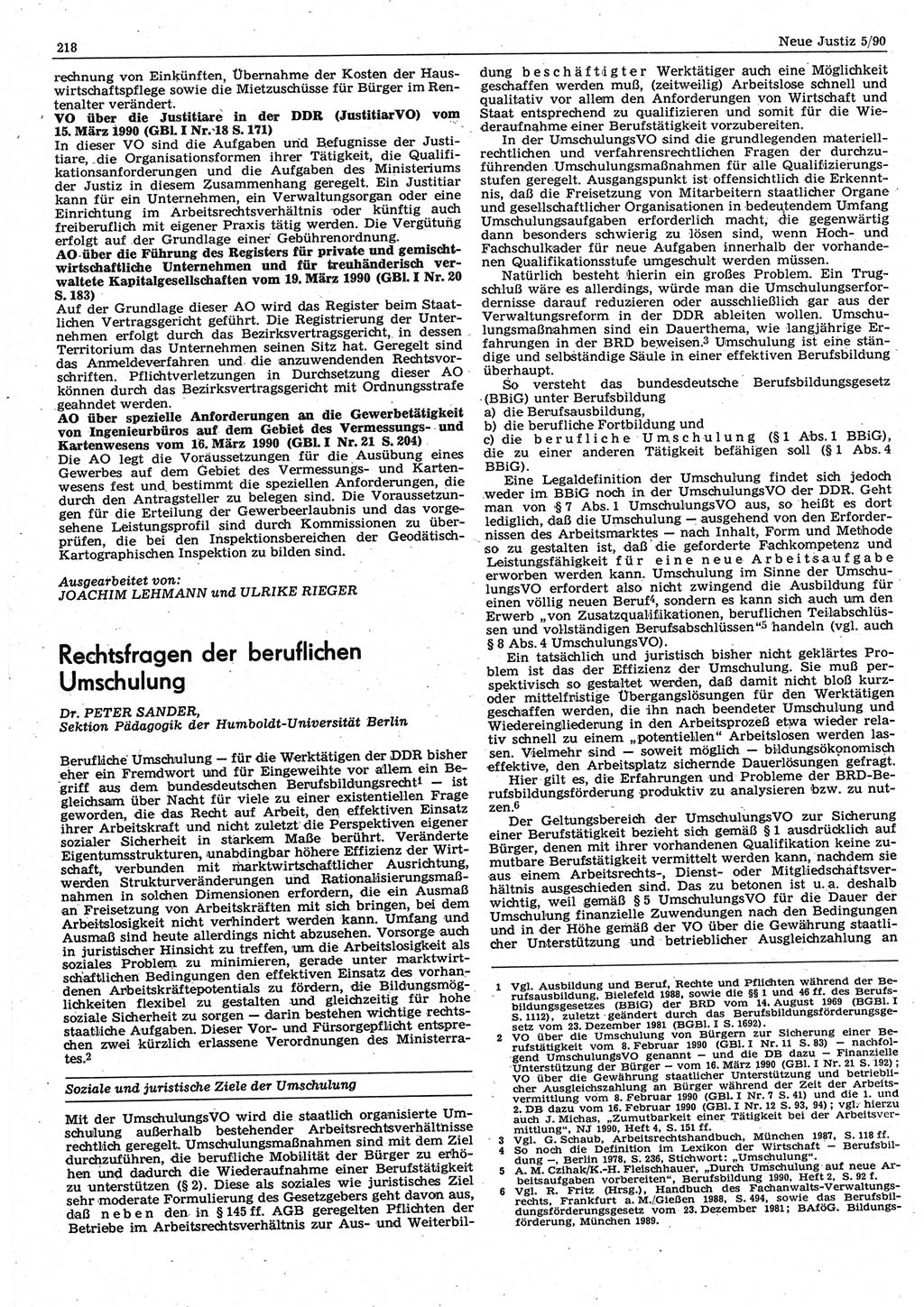 Neue Justiz (NJ), Zeitschrift für Rechtsetzung und Rechtsanwendung [Deutsche Demokratische Republik (DDR)], 44. Jahrgang 1990, Seite 218 (NJ DDR 1990, S. 218)