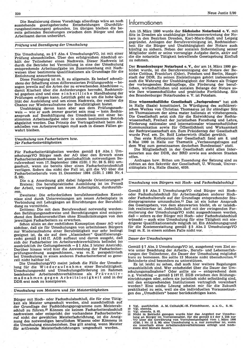 Neue Justiz (NJ), Zeitschrift für Rechtsetzung und Rechtsanwendung [Deutsche Demokratische Republik (DDR)], 44. Jahrgang 1990, Seite 220 (NJ DDR 1990, S. 220)