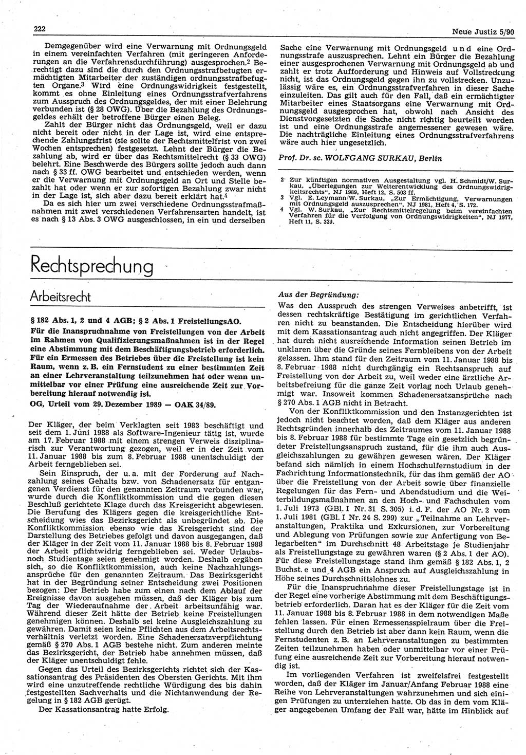 Neue Justiz (NJ), Zeitschrift für Rechtsetzung und Rechtsanwendung [Deutsche Demokratische Republik (DDR)], 44. Jahrgang 1990, Seite 222 (NJ DDR 1990, S. 222)