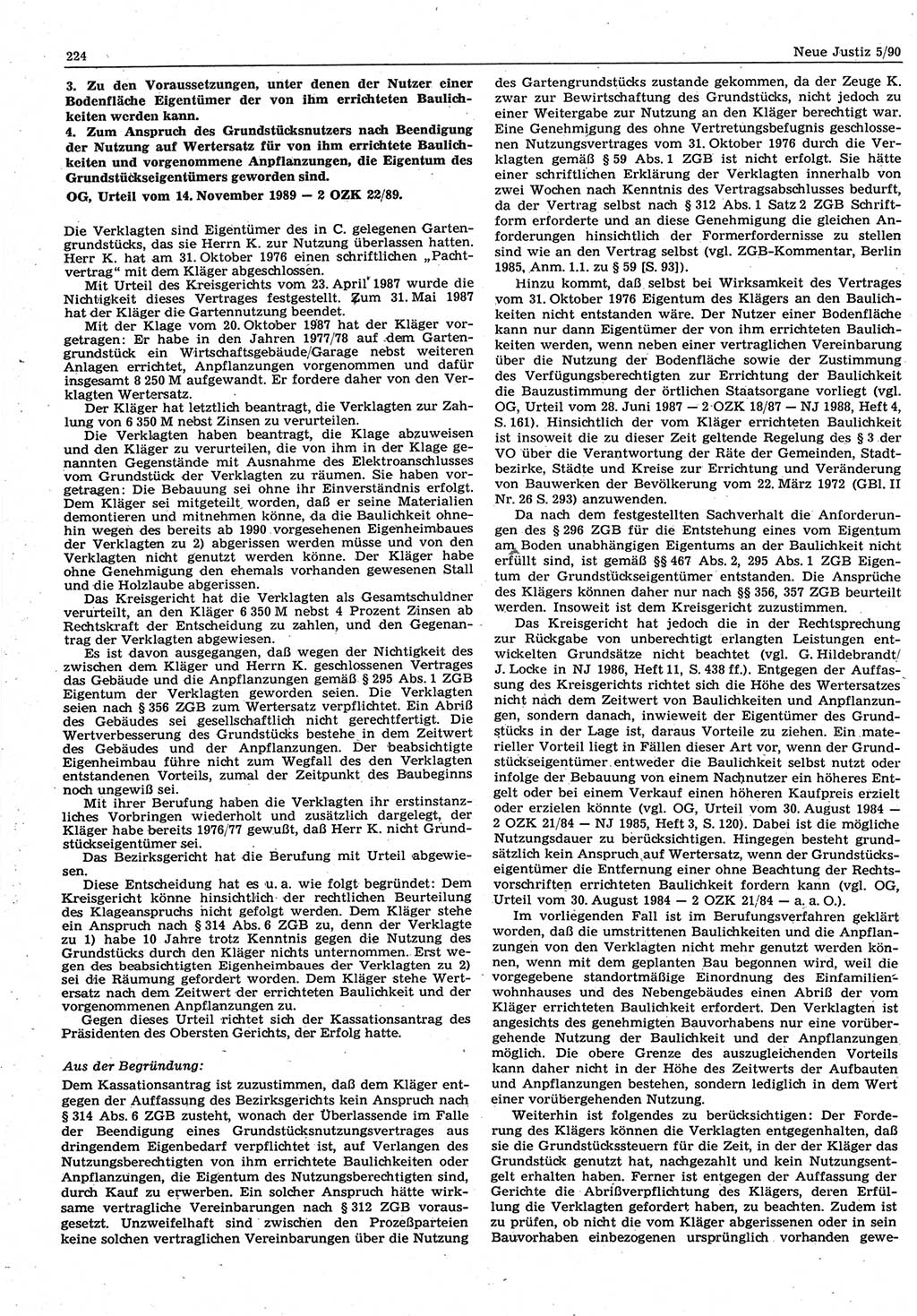 Neue Justiz (NJ), Zeitschrift für Rechtsetzung und Rechtsanwendung [Deutsche Demokratische Republik (DDR)], 44. Jahrgang 1990, Seite 224 (NJ DDR 1990, S. 224)