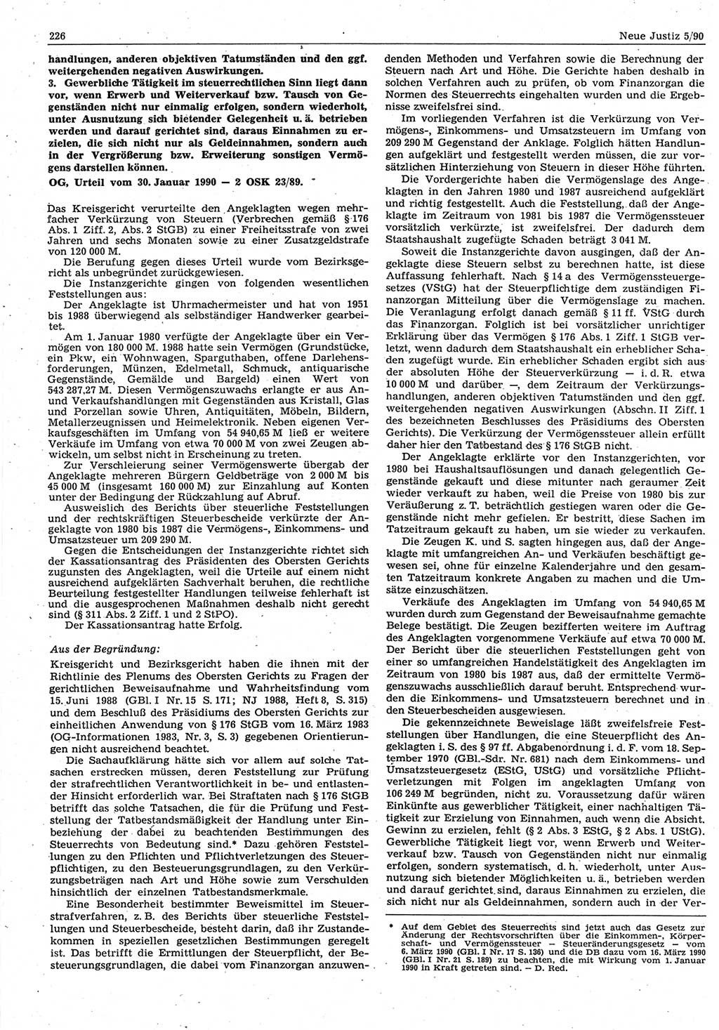 Neue Justiz (NJ), Zeitschrift für Rechtsetzung und Rechtsanwendung [Deutsche Demokratische Republik (DDR)], 44. Jahrgang 1990, Seite 226 (NJ DDR 1990, S. 226)