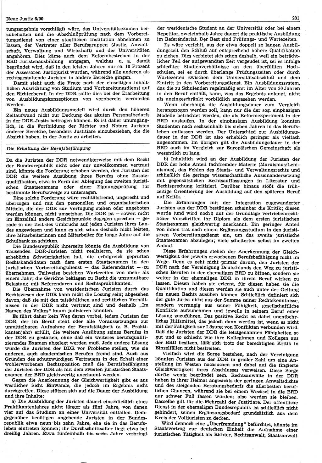 Neue Justiz (NJ), Zeitschrift für Rechtsetzung und Rechtsanwendung [Deutsche Demokratische Republik (DDR)], 44. Jahrgang 1990, Seite 231 (NJ DDR 1990, S. 231)