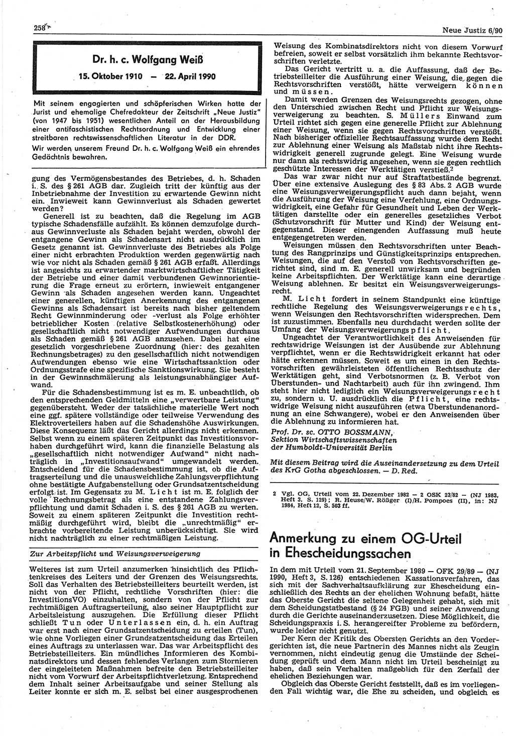 Neue Justiz (NJ), Zeitschrift für Rechtsetzung und Rechtsanwendung [Deutsche Demokratische Republik (DDR)], 44. Jahrgang 1990, Seite 258 (NJ DDR 1990, S. 258)