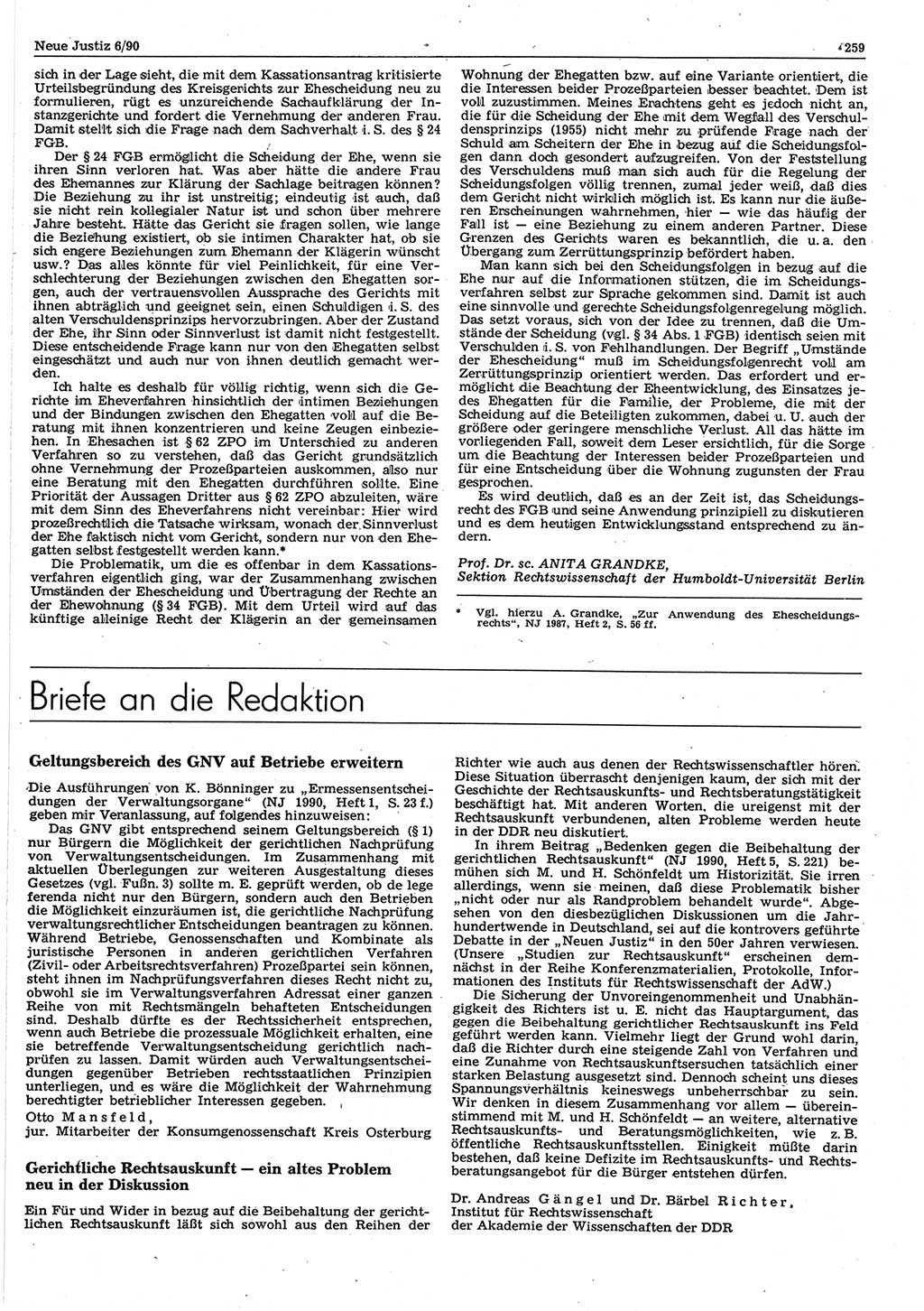 Neue Justiz (NJ), Zeitschrift für Rechtsetzung und Rechtsanwendung [Deutsche Demokratische Republik (DDR)], 44. Jahrgang 1990, Seite 259 (NJ DDR 1990, S. 259)