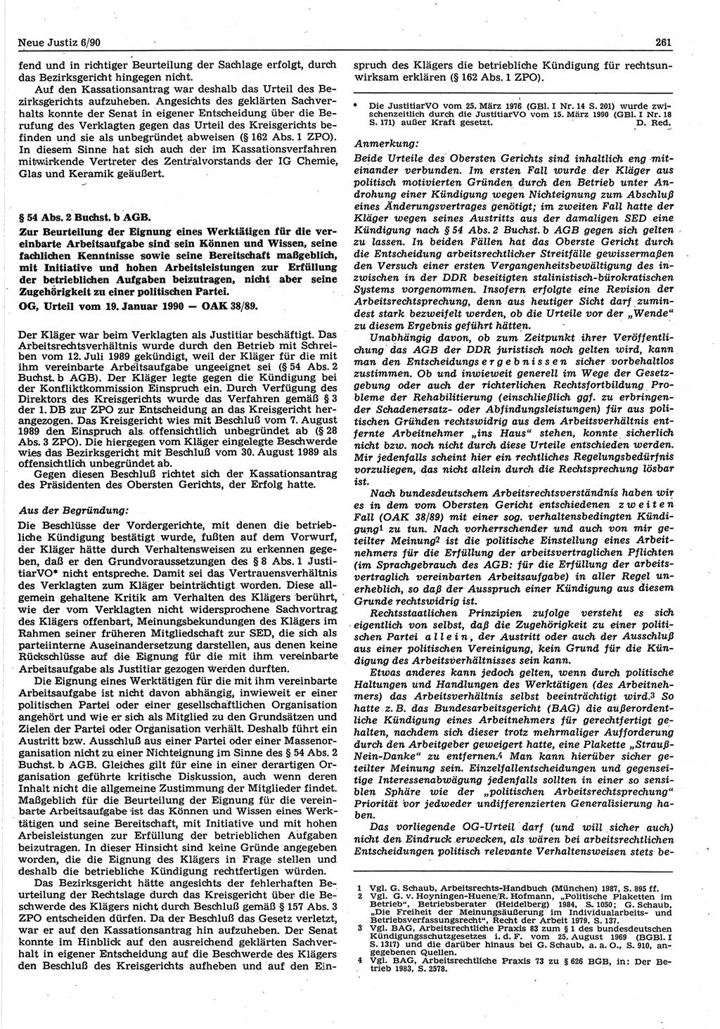 Neue Justiz (NJ), Zeitschrift für Rechtsetzung und Rechtsanwendung [Deutsche Demokratische Republik (DDR)], 44. Jahrgang 1990, Seite 261 (NJ DDR 1990, S. 261)