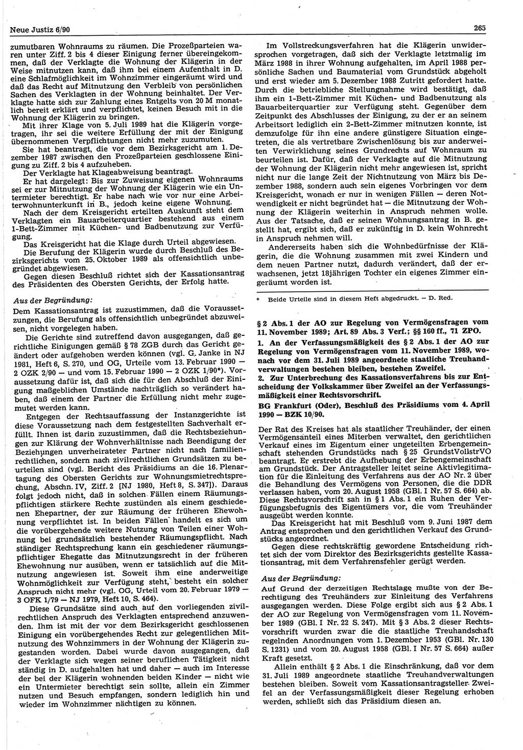 Neue Justiz (NJ), Zeitschrift für Rechtsetzung und Rechtsanwendung [Deutsche Demokratische Republik (DDR)], 44. Jahrgang 1990, Seite 265 (NJ DDR 1990, S. 265)