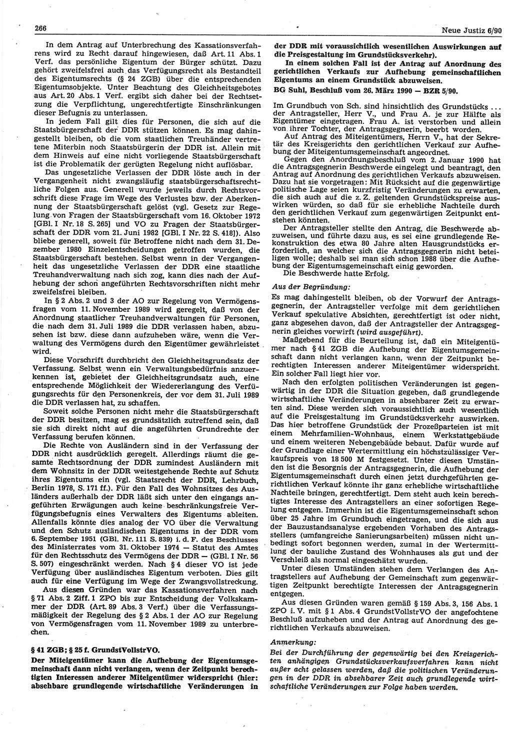 Neue Justiz (NJ), Zeitschrift für Rechtsetzung und Rechtsanwendung [Deutsche Demokratische Republik (DDR)], 44. Jahrgang 1990, Seite 266 (NJ DDR 1990, S. 266)