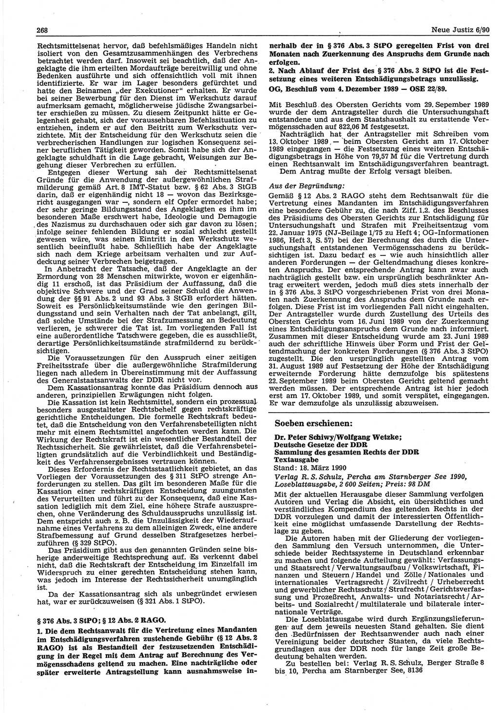 Neue Justiz (NJ), Zeitschrift für Rechtsetzung und Rechtsanwendung [Deutsche Demokratische Republik (DDR)], 44. Jahrgang 1990, Seite 268 (NJ DDR 1990, S. 268)