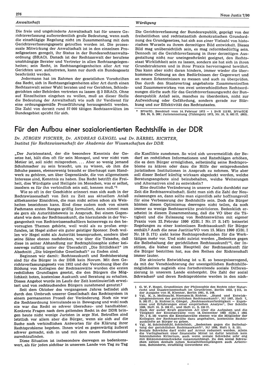 Neue Justiz (NJ), Zeitschrift für Rechtsetzung und Rechtsanwendung [Deutsche Demokratische Republik (DDR)], 44. Jahrgang 1990, Seite 276 (NJ DDR 1990, S. 276)