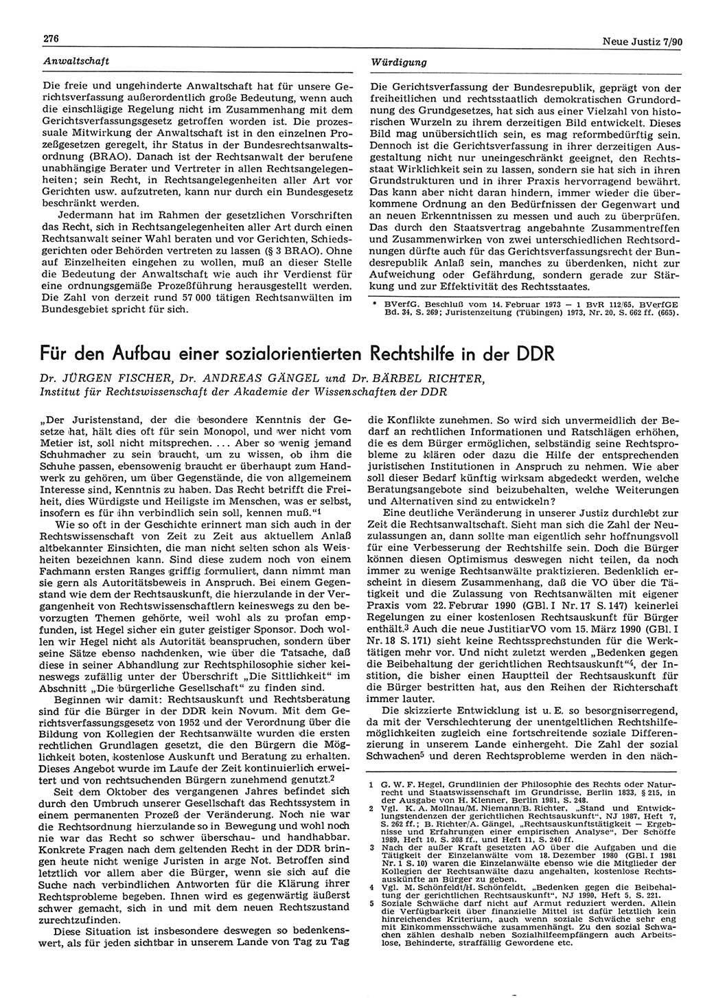 Neue Justiz (NJ), Zeitschrift für Rechtsetzung und Rechtsanwendung [Deutsche Demokratische Republik (DDR)], 44. Jahrgang 1990, Seite 276 (NJ DDR 1990, S. 276)