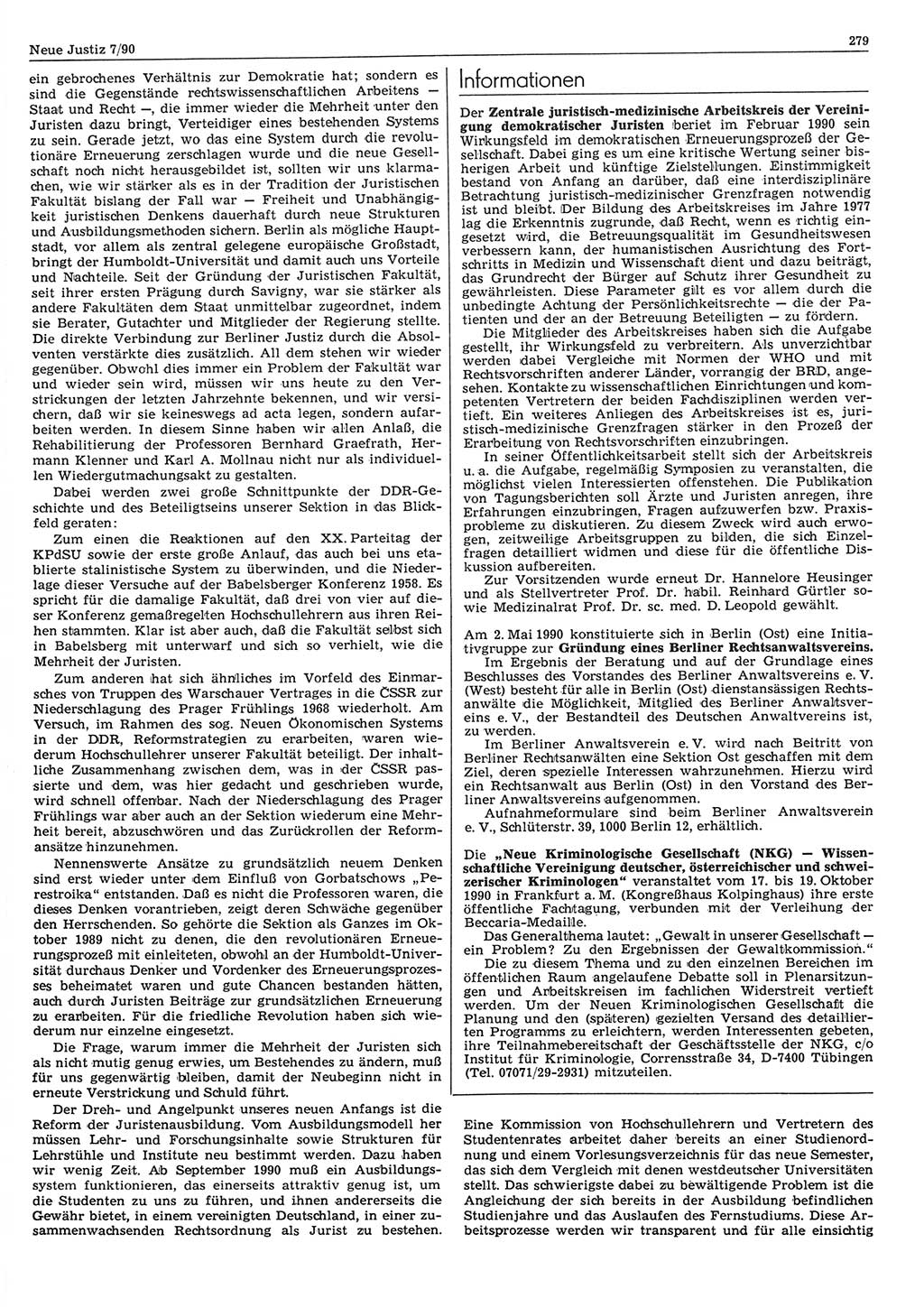 Neue Justiz (NJ), Zeitschrift für Rechtsetzung und Rechtsanwendung [Deutsche Demokratische Republik (DDR)], 44. Jahrgang 1990, Seite 279 (NJ DDR 1990, S. 279)