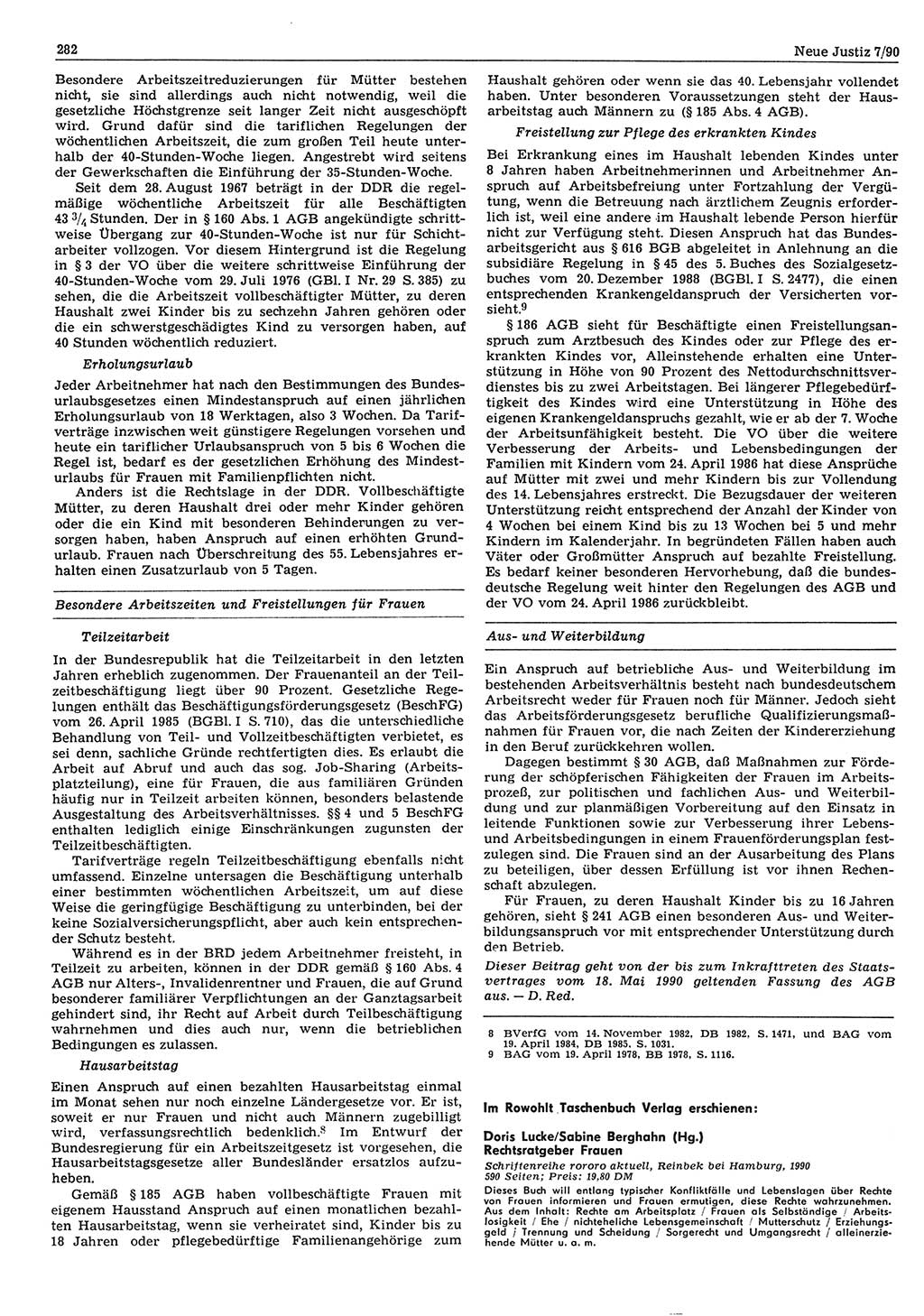 Neue Justiz (NJ), Zeitschrift für Rechtsetzung und Rechtsanwendung [Deutsche Demokratische Republik (DDR)], 44. Jahrgang 1990, Seite 282 (NJ DDR 1990, S. 282)