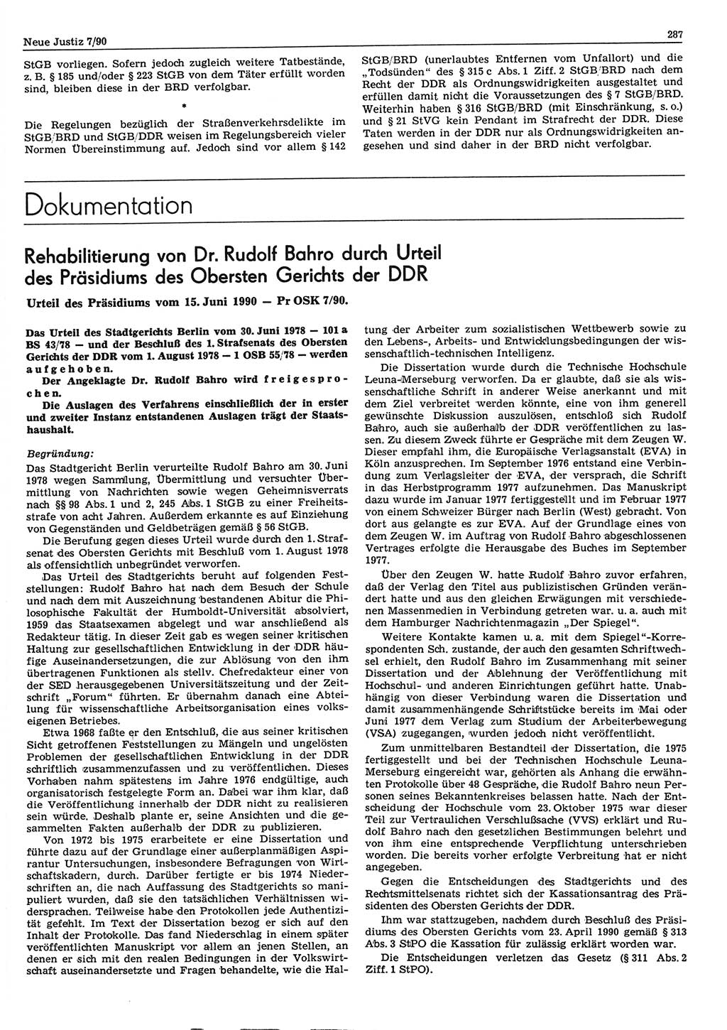 Neue Justiz (NJ), Zeitschrift für Rechtsetzung und Rechtsanwendung [Deutsche Demokratische Republik (DDR)], 44. Jahrgang 1990, Seite 287 (NJ DDR 1990, S. 287)