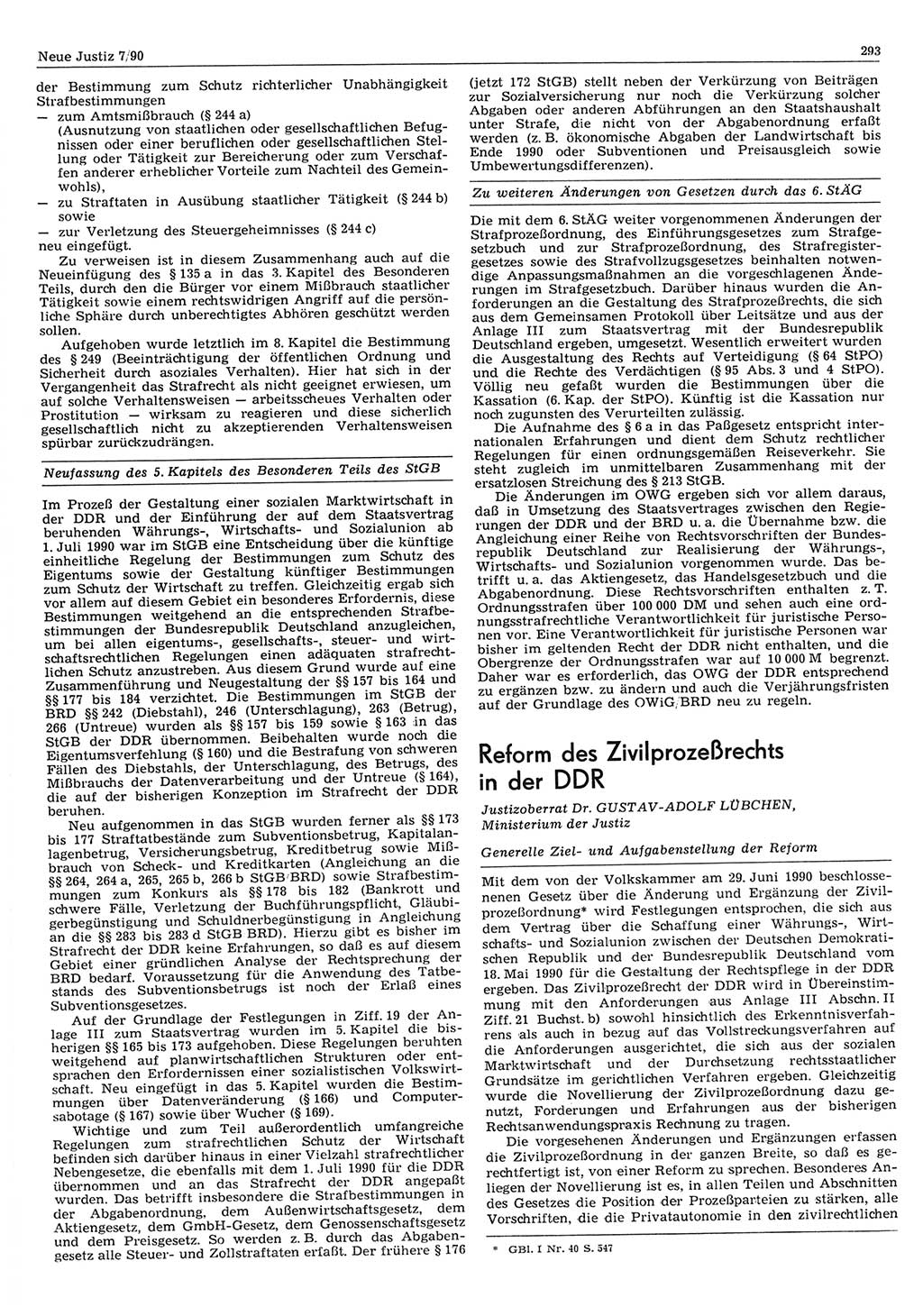 Neue Justiz (NJ), Zeitschrift für Rechtsetzung und Rechtsanwendung [Deutsche Demokratische Republik (DDR)], 44. Jahrgang 1990, Seite 293 (NJ DDR 1990, S. 293)