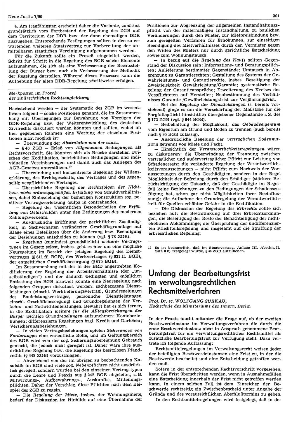 Neue Justiz (NJ), Zeitschrift für Rechtsetzung und Rechtsanwendung [Deutsche Demokratische Republik (DDR)], 44. Jahrgang 1990, Seite 301 (NJ DDR 1990, S. 301)
