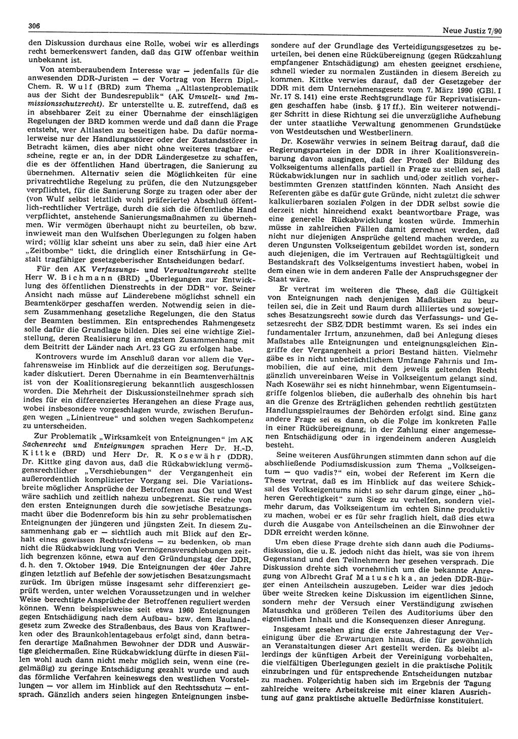 Neue Justiz (NJ), Zeitschrift für Rechtsetzung und Rechtsanwendung [Deutsche Demokratische Republik (DDR)], 44. Jahrgang 1990, Seite 306 (NJ DDR 1990, S. 306)
