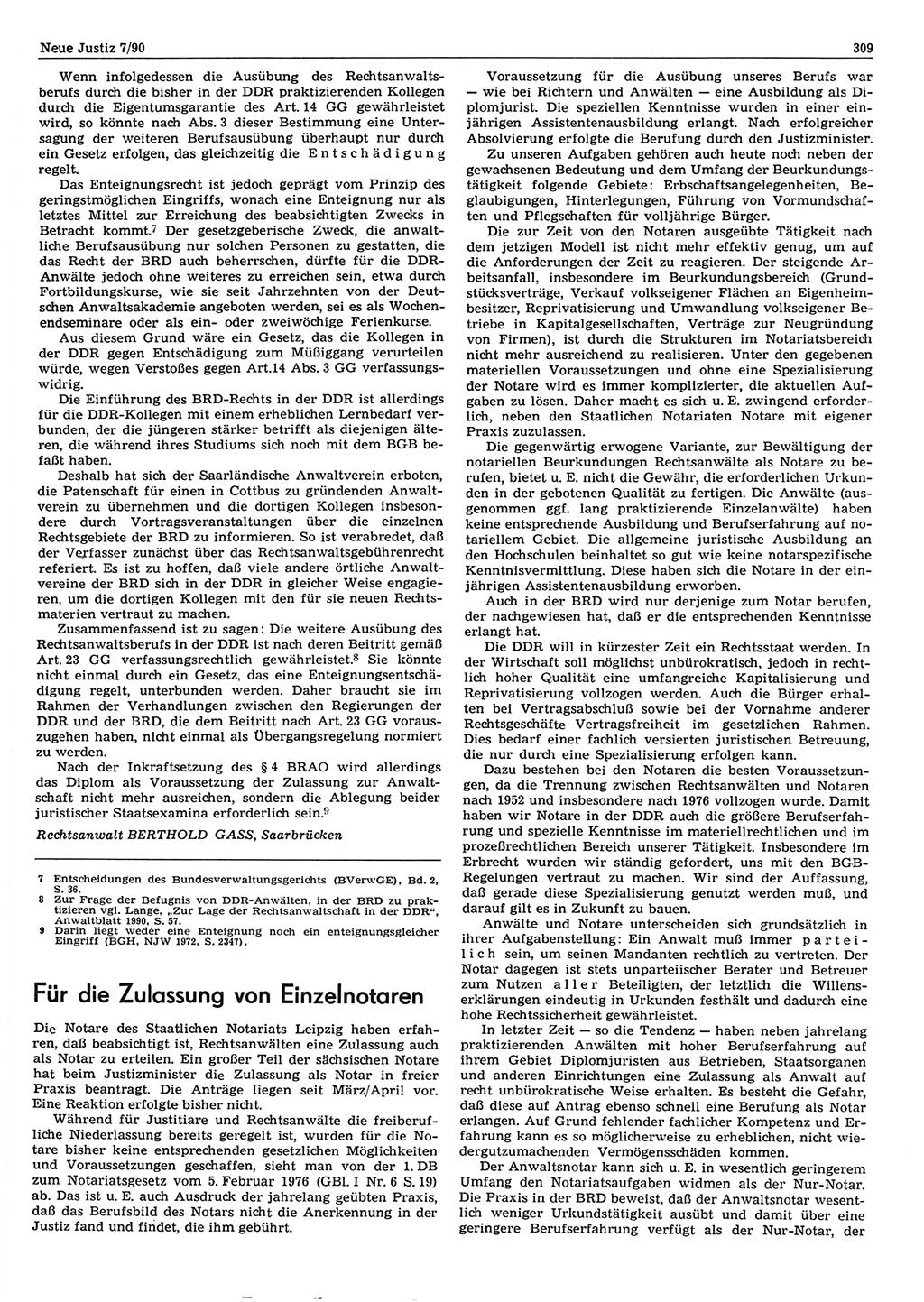 Neue Justiz (NJ), Zeitschrift für Rechtsetzung und Rechtsanwendung [Deutsche Demokratische Republik (DDR)], 44. Jahrgang 1990, Seite 309 (NJ DDR 1990, S. 309)