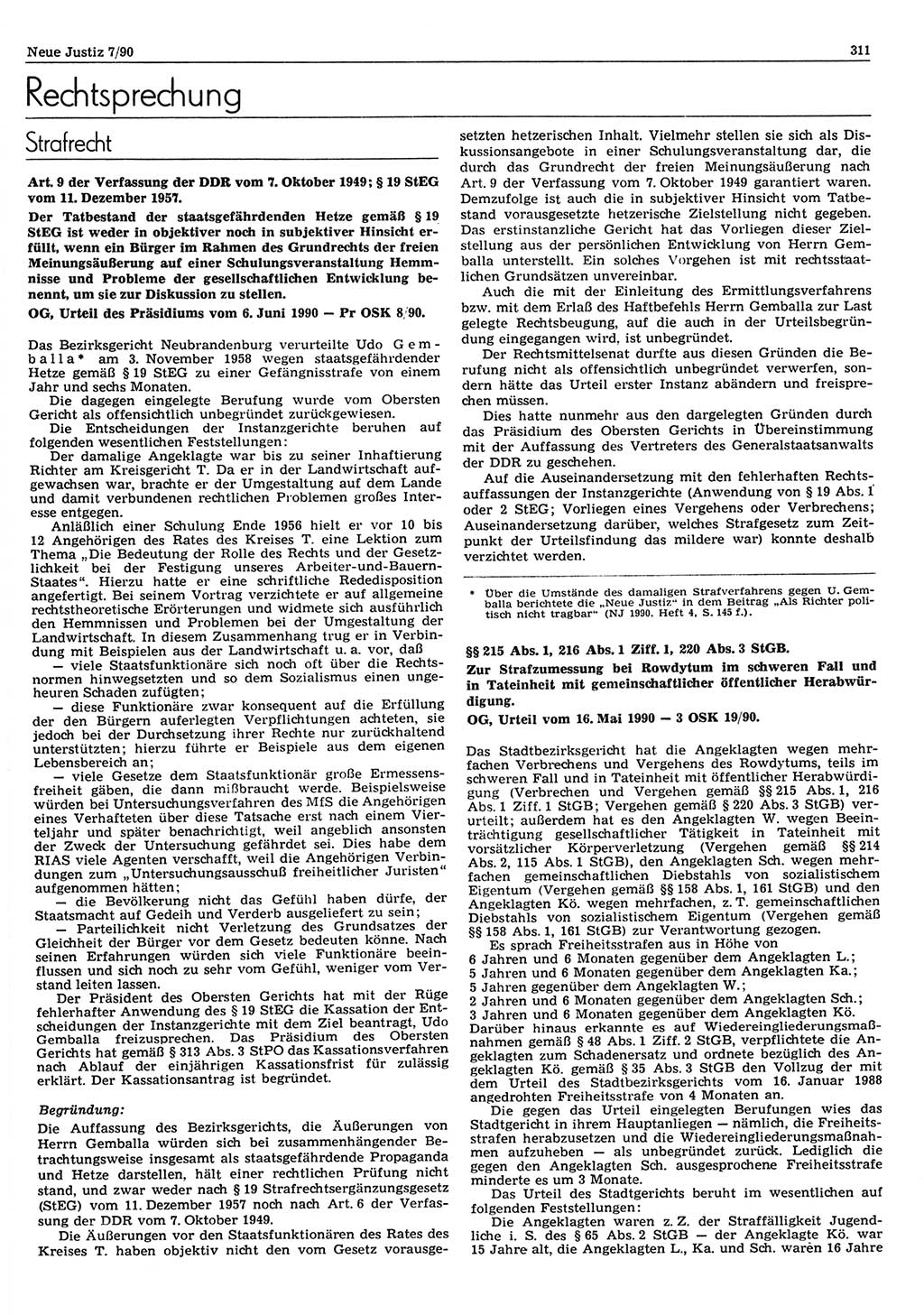 Neue Justiz (NJ), Zeitschrift für Rechtsetzung und Rechtsanwendung [Deutsche Demokratische Republik (DDR)], 44. Jahrgang 1990, Seite 311 (NJ DDR 1990, S. 311)