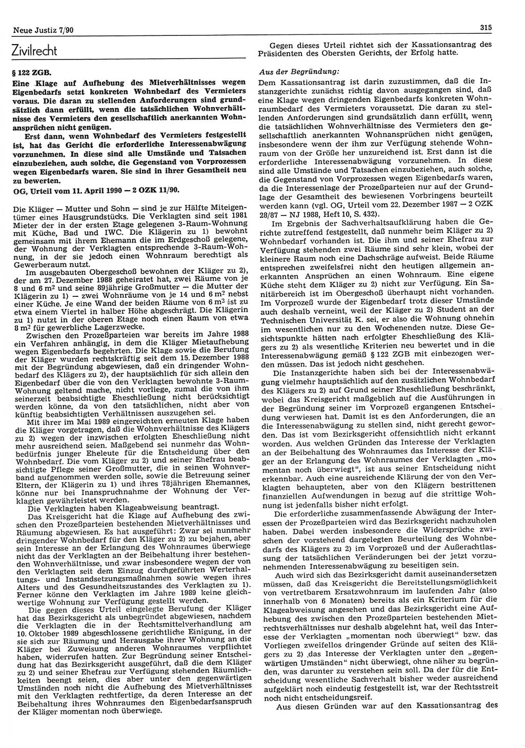 Neue Justiz (NJ), Zeitschrift für Rechtsetzung und Rechtsanwendung [Deutsche Demokratische Republik (DDR)], 44. Jahrgang 1990, Seite 315 (NJ DDR 1990, S. 315)