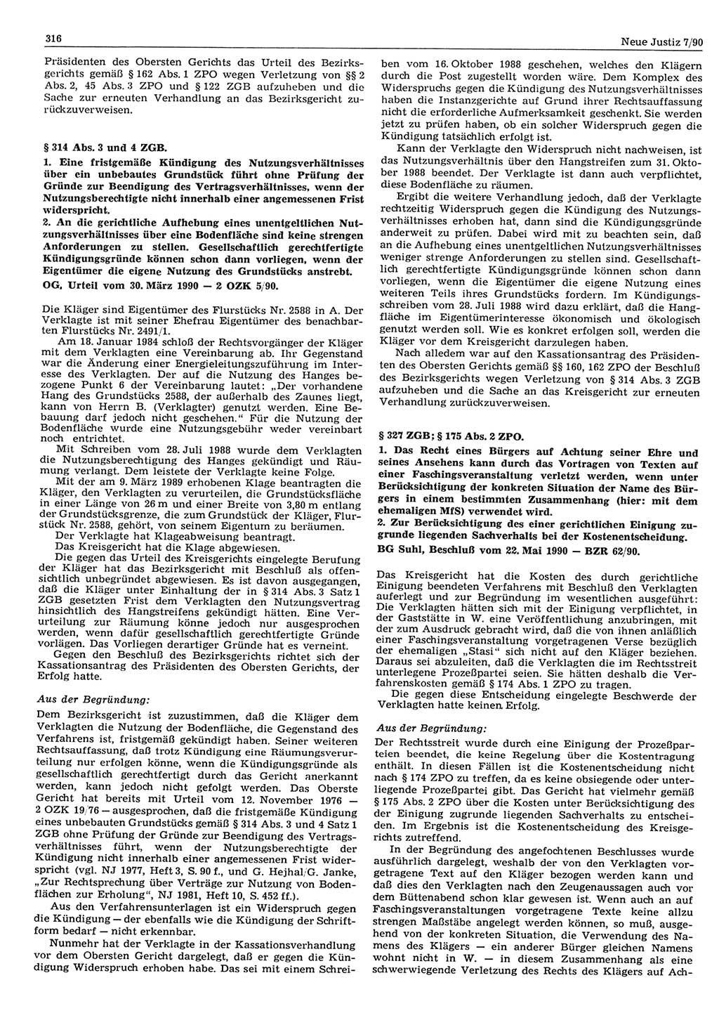 Neue Justiz (NJ), Zeitschrift für Rechtsetzung und Rechtsanwendung [Deutsche Demokratische Republik (DDR)], 44. Jahrgang 1990, Seite 316 (NJ DDR 1990, S. 316)