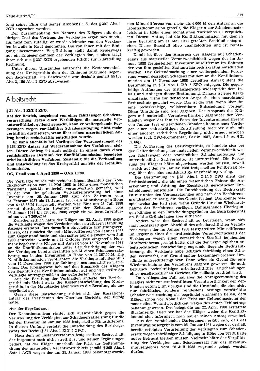 Neue Justiz (NJ), Zeitschrift für Rechtsetzung und Rechtsanwendung [Deutsche Demokratische Republik (DDR)], 44. Jahrgang 1990, Seite 317 (NJ DDR 1990, S. 317)