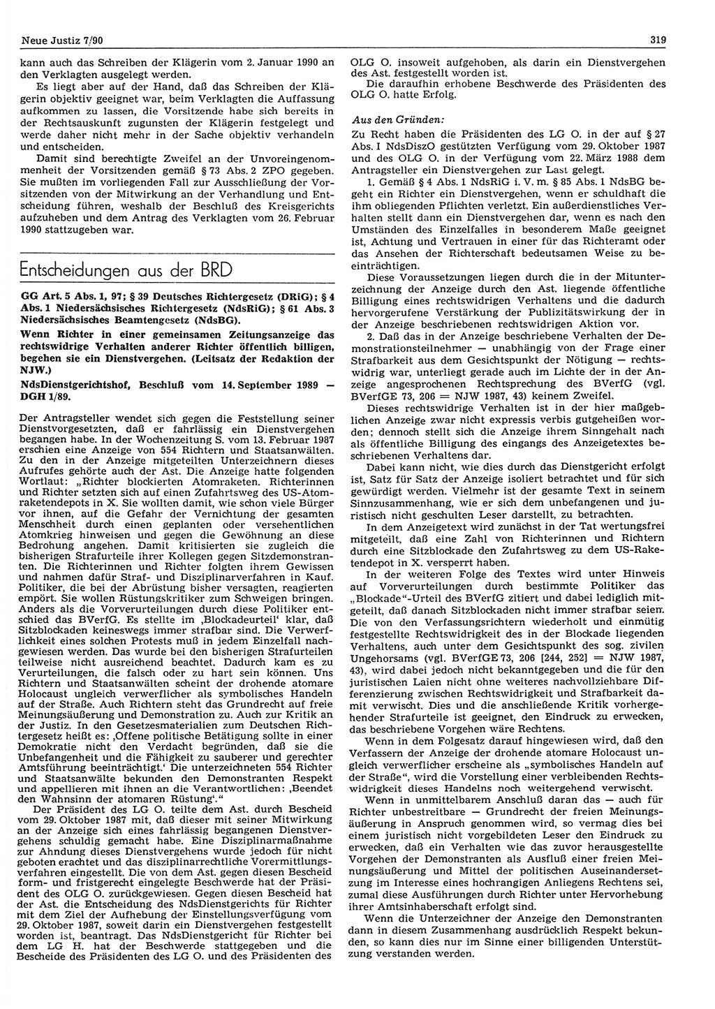 Neue Justiz (NJ), Zeitschrift für Rechtsetzung und Rechtsanwendung [Deutsche Demokratische Republik (DDR)], 44. Jahrgang 1990, Seite 319 (NJ DDR 1990, S. 319)
