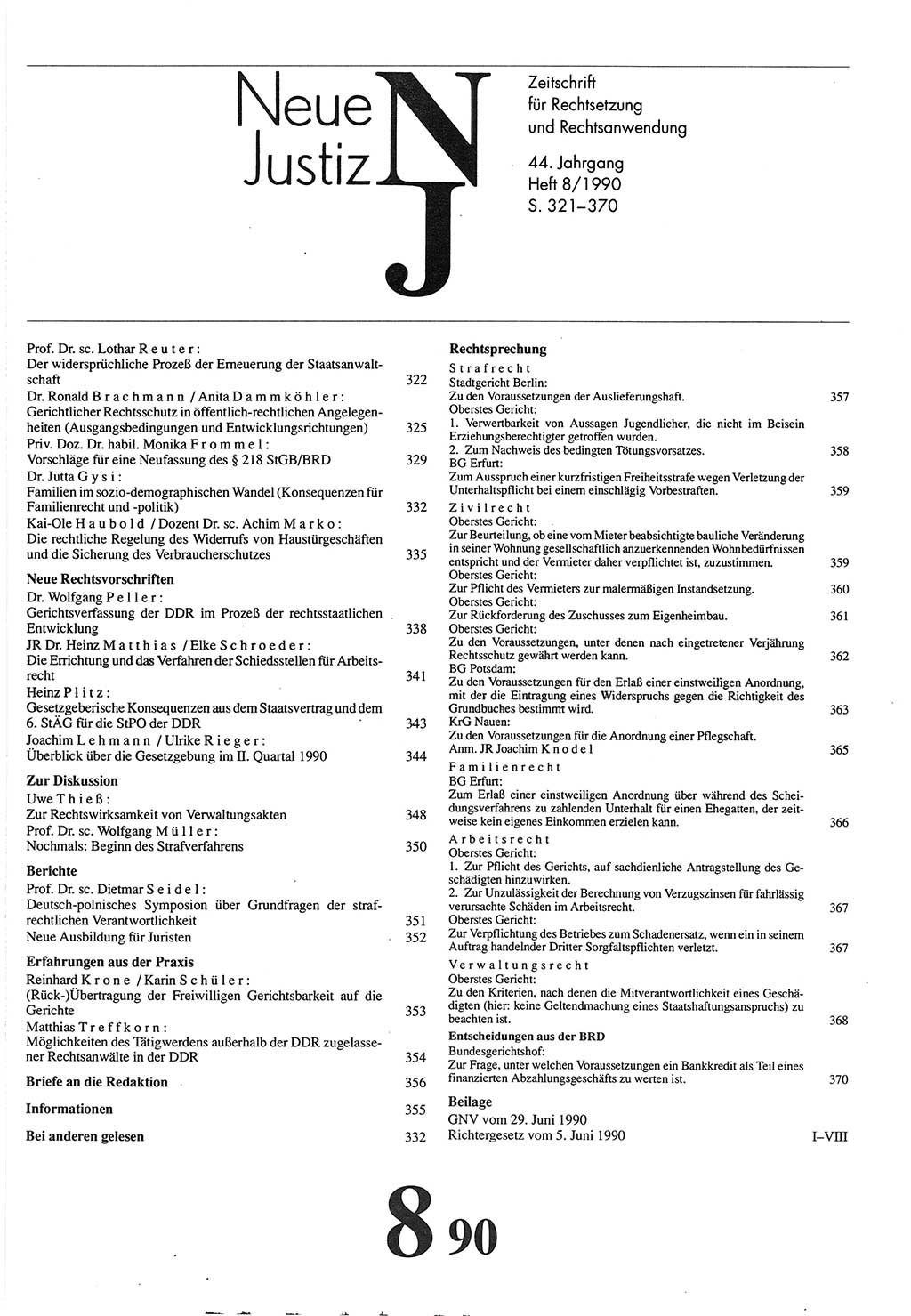 Neue Justiz (NJ), Zeitschrift für Rechtsetzung und Rechtsanwendung [Deutsche Demokratische Republik (DDR)], 44. Jahrgang 1990, Seite 321 (NJ DDR 1990, S. 321)