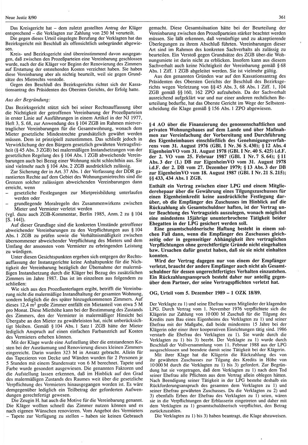 Neue Justiz (NJ), Zeitschrift für Rechtsetzung und Rechtsanwendung [Deutsche Demokratische Republik (DDR)], 44. Jahrgang 1990, Seite 361 (NJ DDR 1990, S. 361)