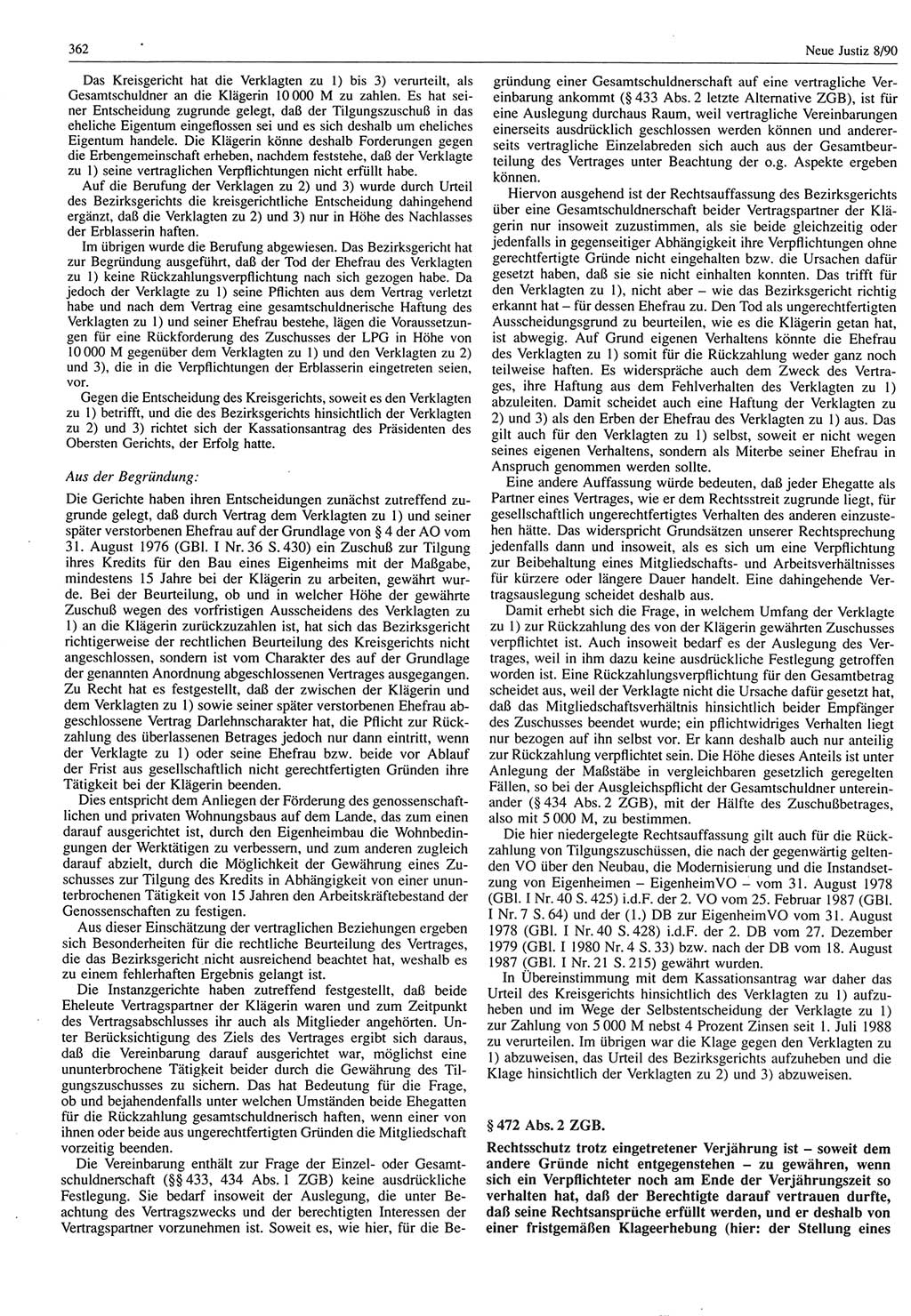 Neue Justiz (NJ), Zeitschrift für Rechtsetzung und Rechtsanwendung [Deutsche Demokratische Republik (DDR)], 44. Jahrgang 1990, Seite 362 (NJ DDR 1990, S. 362)