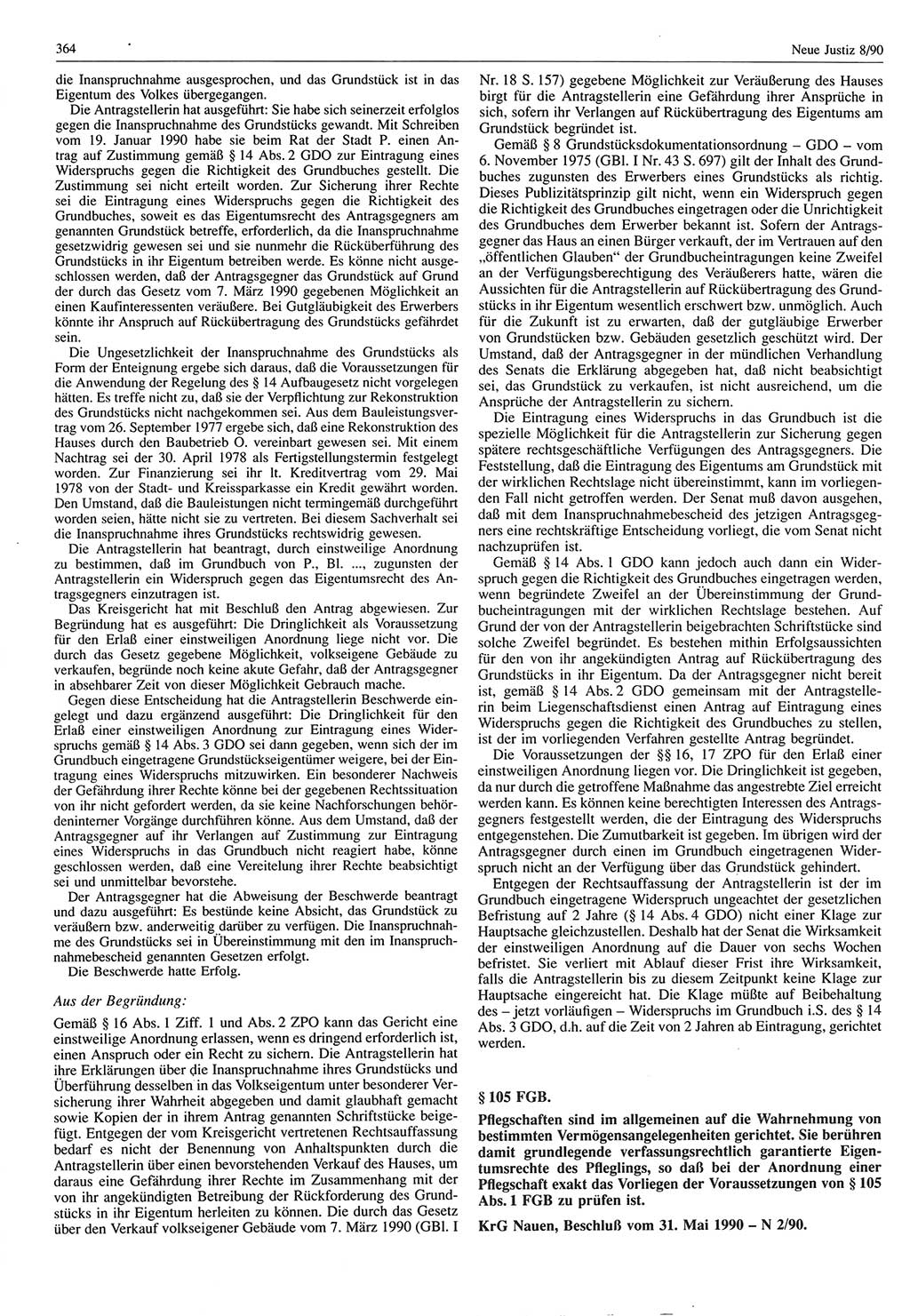 Neue Justiz (NJ), Zeitschrift für Rechtsetzung und Rechtsanwendung [Deutsche Demokratische Republik (DDR)], 44. Jahrgang 1990, Seite 364 (NJ DDR 1990, S. 364)