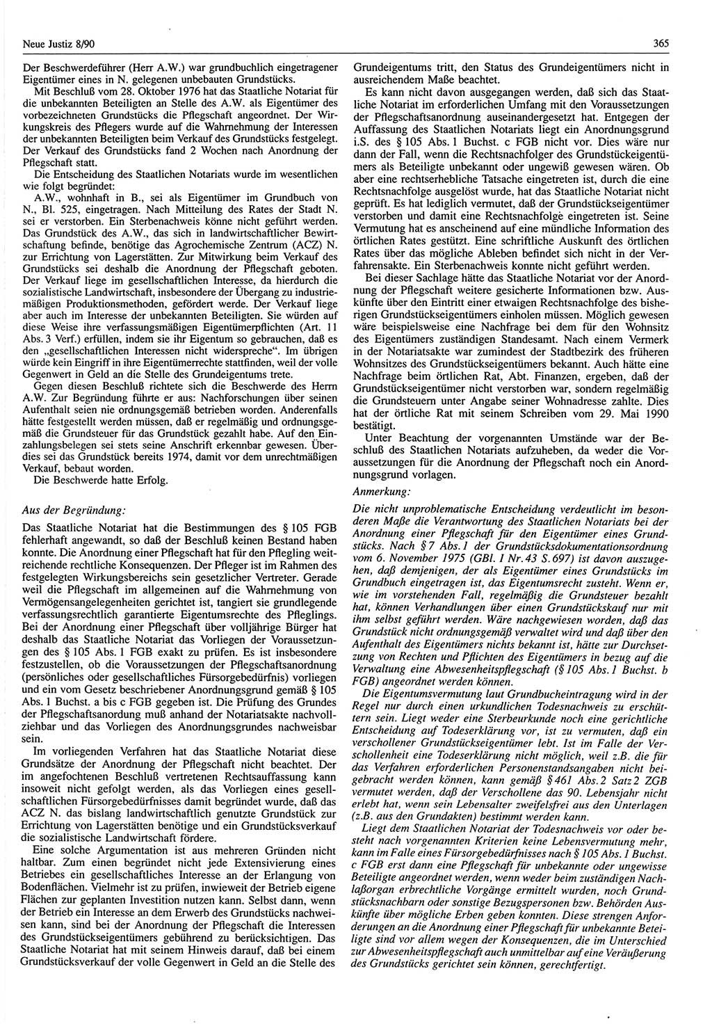Neue Justiz (NJ), Zeitschrift für Rechtsetzung und Rechtsanwendung [Deutsche Demokratische Republik (DDR)], 44. Jahrgang 1990, Seite 365 (NJ DDR 1990, S. 365)