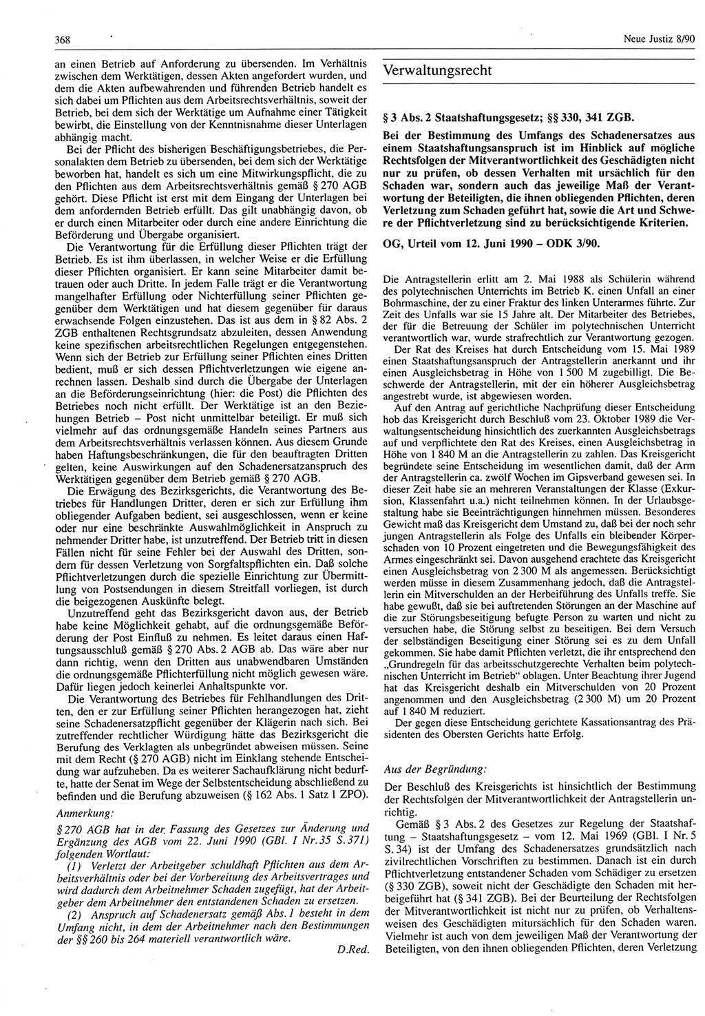 Neue Justiz (NJ), Zeitschrift für Rechtsetzung und Rechtsanwendung [Deutsche Demokratische Republik (DDR)], 44. Jahrgang 1990, Seite 368 (NJ DDR 1990, S. 368)