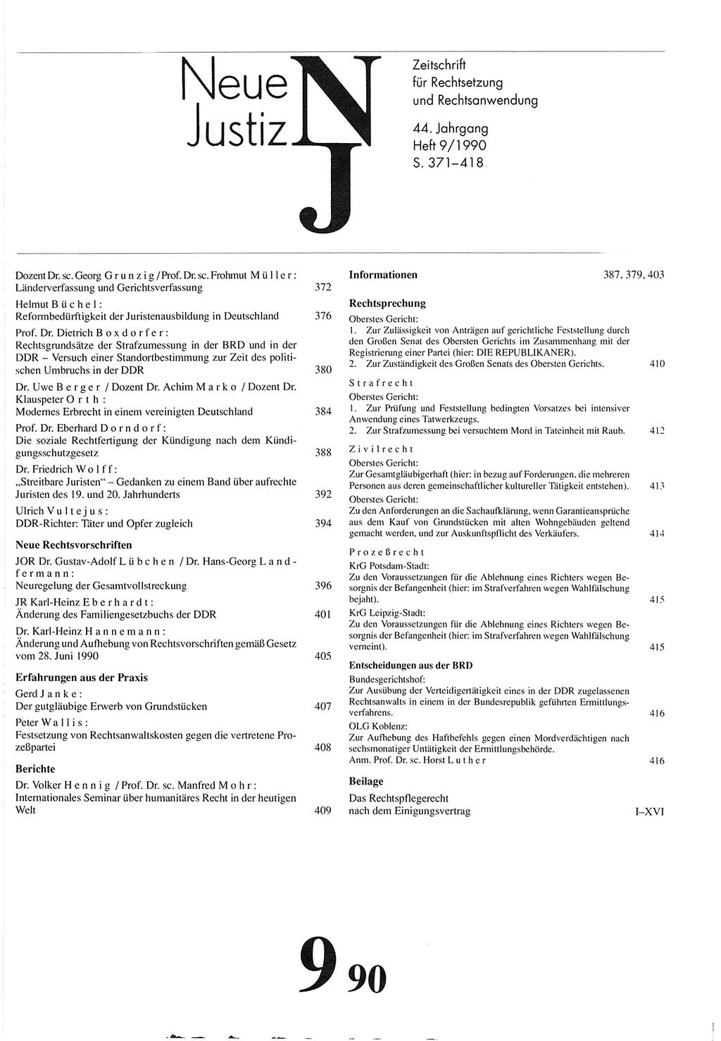 Neue Justiz (NJ), Zeitschrift für Rechtsetzung und Rechtsanwendung [Deutsche Demokratische Republik (DDR)], 44. Jahrgang 1990, Seite 371 (NJ DDR 1990, S. 371)