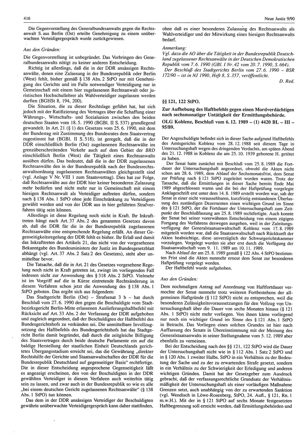 Neue Justiz (NJ), Zeitschrift für Rechtsetzung und Rechtsanwendung [Deutsche Demokratische Republik (DDR)], 44. Jahrgang 1990, Seite 416 (NJ DDR 1990, S. 416)