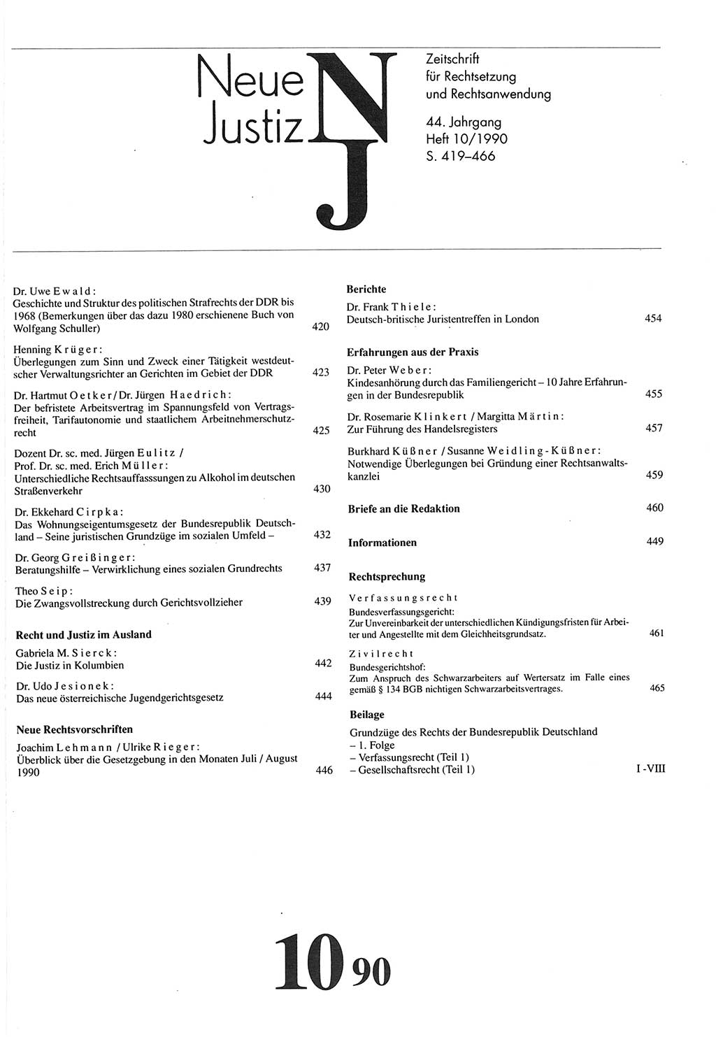 Neue Justiz (NJ), Zeitschrift für Rechtsetzung und Rechtsanwendung [Deutsche Demokratische Republik (DDR)], 44. Jahrgang 1990, Seite 419 (NJ DDR 1990, S. 419)