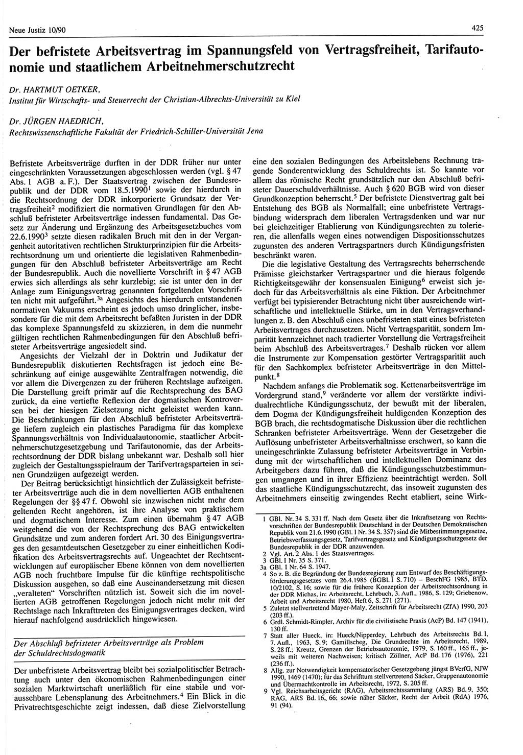 Neue Justiz (NJ), Zeitschrift für Rechtsetzung und Rechtsanwendung [Deutsche Demokratische Republik (DDR)], 44. Jahrgang 1990, Seite 425 (NJ DDR 1990, S. 425)