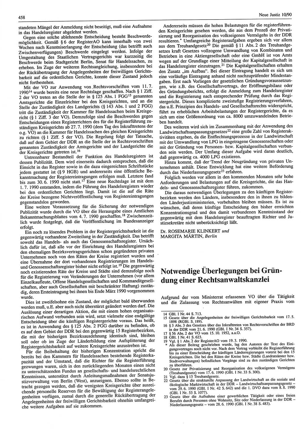 Neue Justiz (NJ), Zeitschrift für Rechtsetzung und Rechtsanwendung [Deutsche Demokratische Republik (DDR)], 44. Jahrgang 1990, Seite 458 (NJ DDR 1990, S. 458)